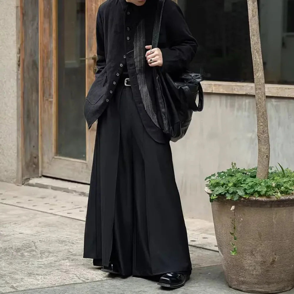 Gothic Culottes Overlap Y2K Double Layer Dark Culottes Pleated Wide Leg Niche Design Casual Pants Skirt Unisex Men's Clothing