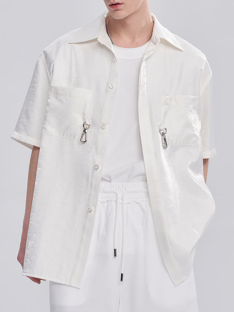 Mens Metal Button Loose Satin Shirt