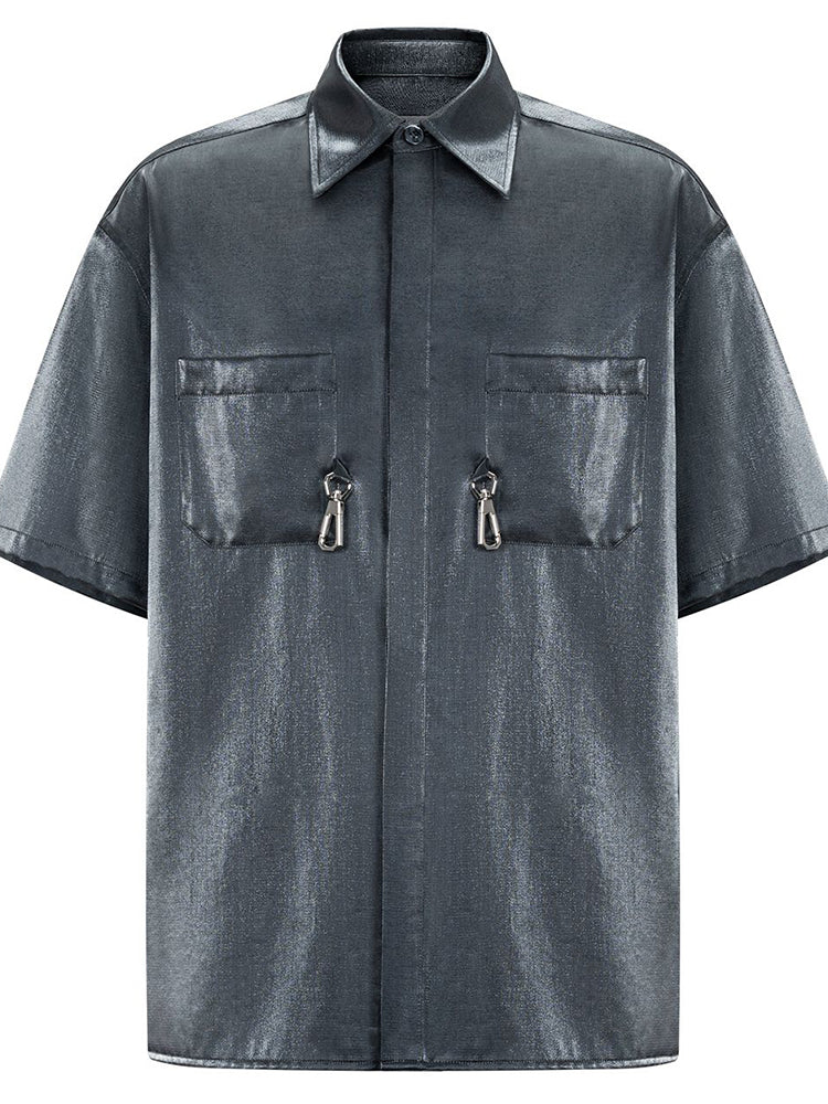 Mens Metal Button Loose Satin Shirt